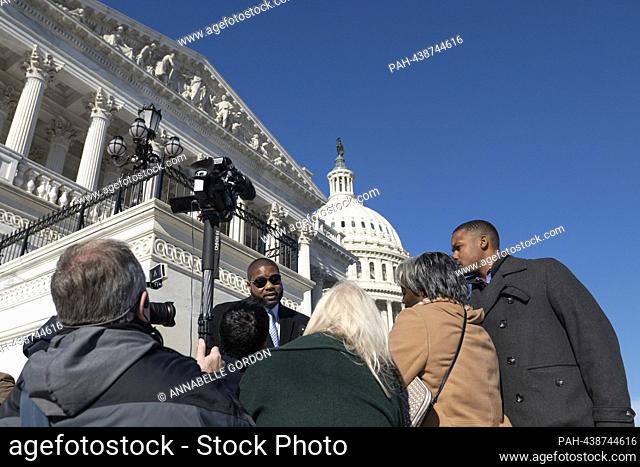 United States Representative Byron Donalds (Republican of Florida) speaks to press on the House Steps after the House adjourns for the year in front of the...