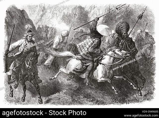 Invasion of Mohammedan insurgents, Mongolia. Asia. Trip to Mongolia by Nikolai Mijailovich Przewalski in 1870-1873, Le Tour du Monde 1877