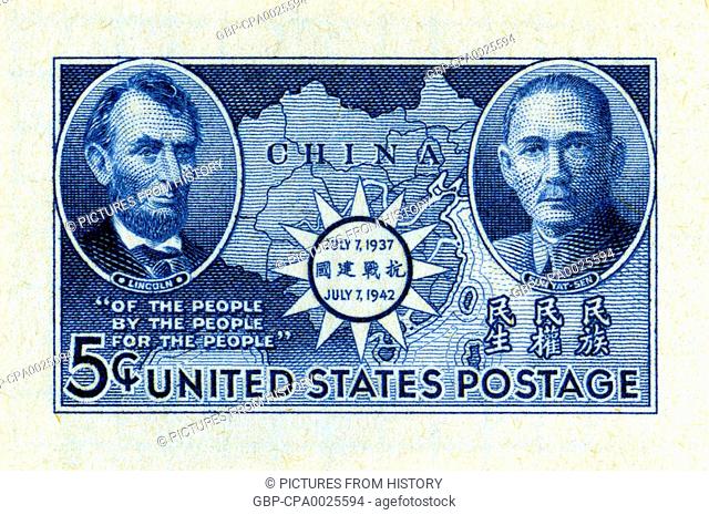 China / USA: United States 5 cent postage stamp with engraving of Abraham Lincoln and Sun Yat-sen, 1942