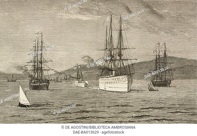 The ship Serapis with Albert Edward, Prince of Wales, on board leaving Bombay (Mumbai) harbour, India, illustration from the magazine The Graphic, volume XIII