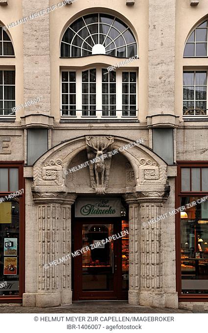 Decorative entrance of a department store, around 1920, Entenplan 6, Merseburg, Saxony-Anhalt, Germany, Europe