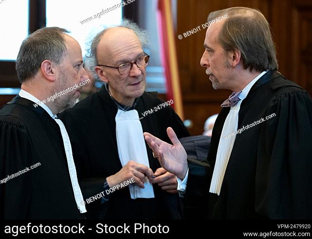 Lawyer Marc Snoeck (R) pictured during a session of the correctional court on the train accident in Buizingen, Halle, Monday 24 February 2020, in Brussels