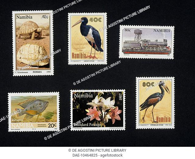 From left to right and from top to bottom: postage stamp depicting Geochelone stromeri (giant turtle), 1995; postage stamp from the Birds series, 1994