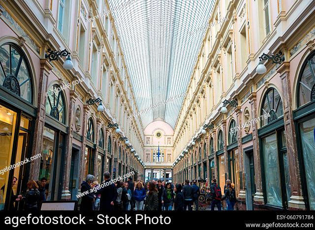 Brussels, Belgium - April 22, 2017: The Galeries Royales Saint-Hubert is a glazed shopping arcade in Brussels that preceded other famous 19th-century shopping...