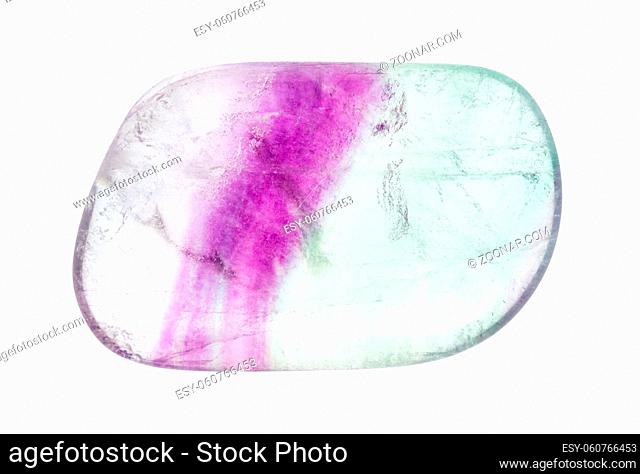 closeup of sample of natural mineral from geological collection - polished Fluorite gemstone isolated on white background