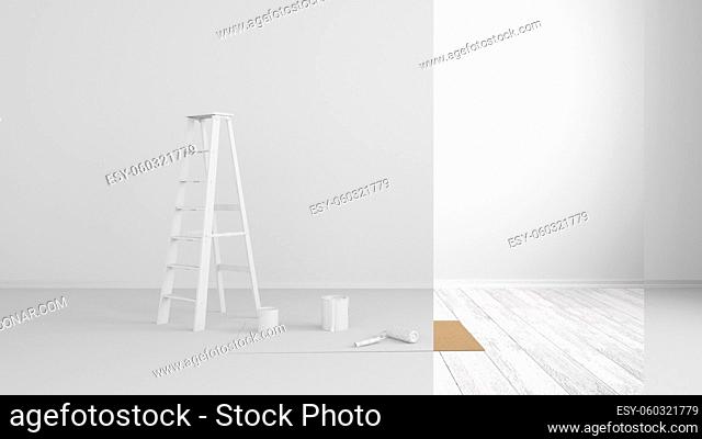 abstract renovated living room with colored strip at the wall - 3D Illustration