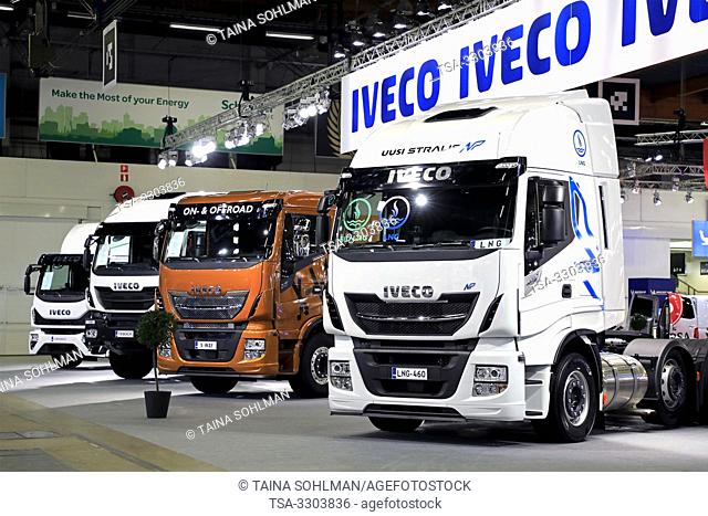 Helsinki, Finland. 09 May, 2019. Line up of Iveco heavy goods vehicles, on the right gas-powered Iveco Stralis NP 460 for long haulage