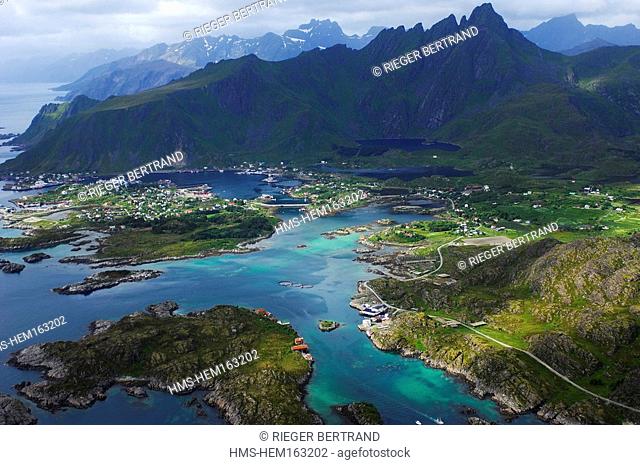 Norway, Nordland, Lofoten Islands, Vestvagoy island, port of Ballstad aerial view