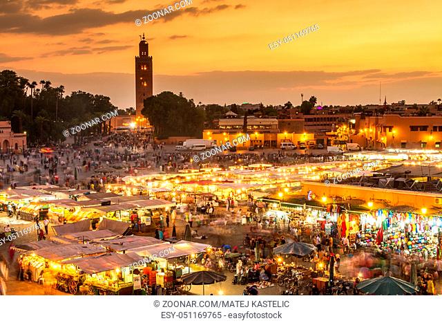 Jamaa el Fna market square, Marrakesh, Morocco, north Africa. Jemaa el-Fnaa, Djema el-Fna or Djemaa el-Fnaa is a famous square and market place in Marrakesh's...