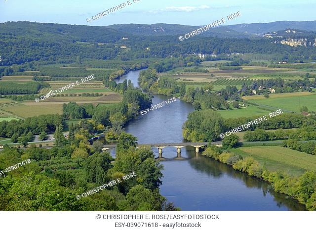 Late summer view over patchwork fields and river of the Dordogne valley from Domme, Aquitane, France