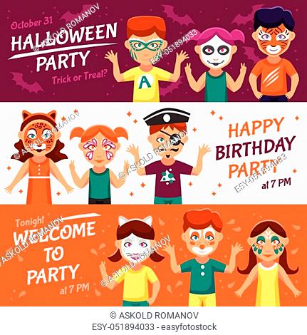 Party With Greasepaint Flat Concept. Painted Faces Horizontal Banners. Children With Painted Faces Vector Illustration. Makeup For Children Isolated Set