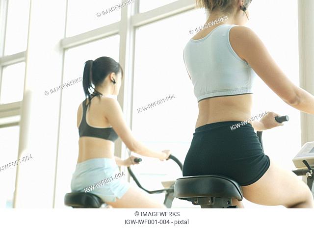 Two young women perform exercise in a well equipped gym