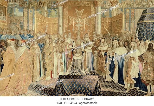 Coronation of Louis XIV at Reims, June 7, 1654, 17th century French tapestry by Jean Mozin's workshop, manufacture of Gobelins