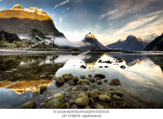 Mitre peak, winter dawn, Milford Sound, Fiordland National Park