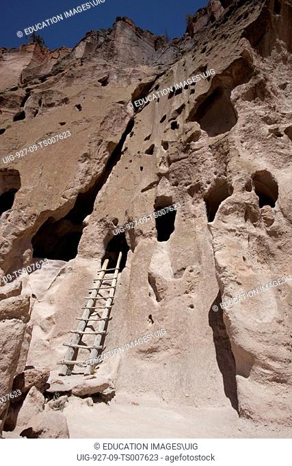 Ladder of an Ancestral Pueblo People cliff dwelling in the Bandelier National Monument, New Mexico