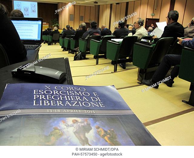 Participants listen to a lecture as part of a class for exorcists at the Catholic University Regina Apostolorum in Rome, Italy, 16 April 2015