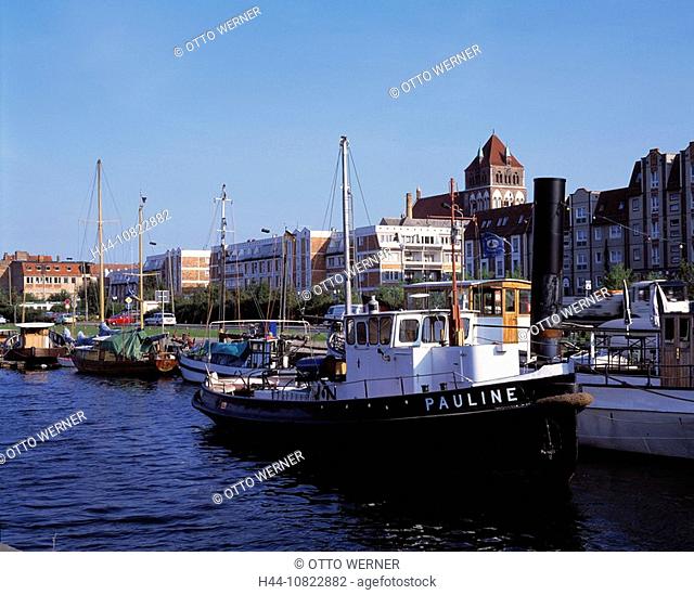 harbor, ships, boats, town harbor, church Saint Marien, fishing boats, Greifswald, Hanseatic town, Baltic coast, Balti