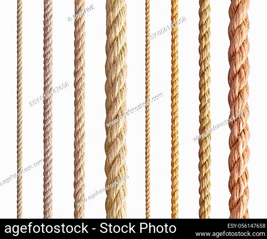 collection of various ropes string on white background. each one is shot separately