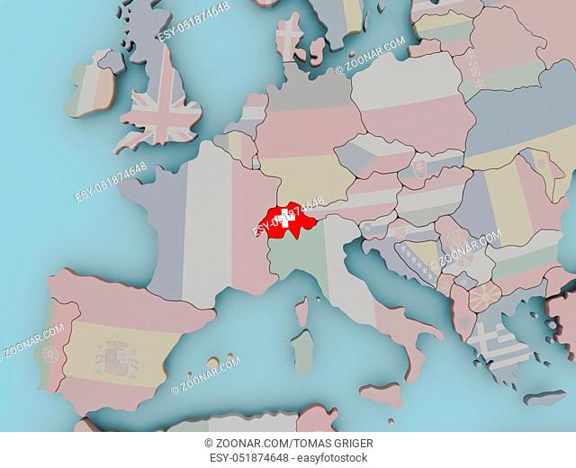 Switzerland with national flag on political globe. 3D illustration