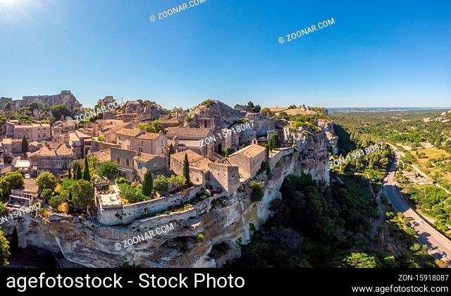 Les Baux de Provence village on the rock formation and its castle. France, Europe. Drone view