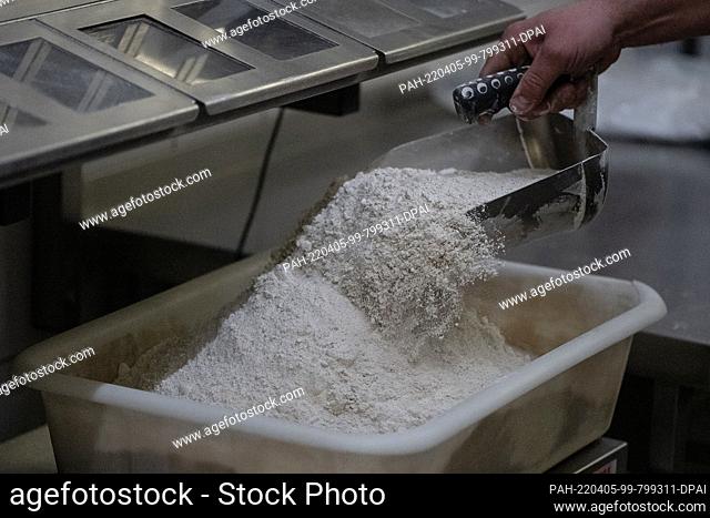 05 April 2022, Lower Saxony, Göttingen: A baker takes a scoop of flour in the bakery of ""Der Göttinger Feuerbäcker"". The cost increases for energy