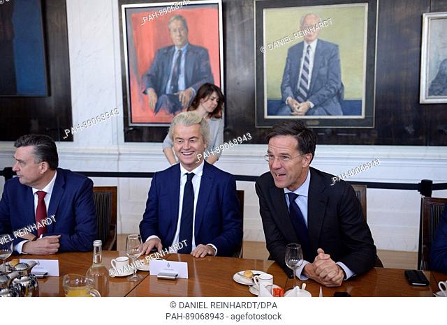 Right-liberal election winner Mark Rutte (r-l) and right-wing populist Geert Wilders and Emile Roemer from the socialist party during the first talks inside the...