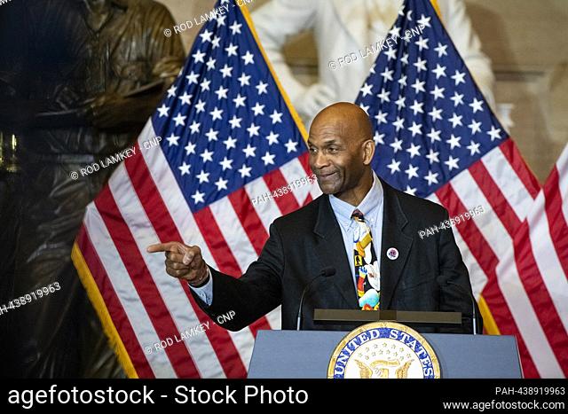 Larry Doby, Jr., talks about his dad Larry Doby, during a Congressional Gold Medal Ceremony honoring Larry Doby in Statuary Hall of the United States Capitol in...