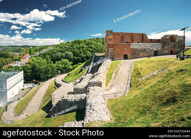 Vilnius, Lithuania. Remains Of Keep Of Upper Castle In Gediminas Hill In Summer Day. UNESCO World Heritage Site