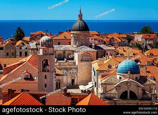 Aerial View of Luza Square, Saint Blaise Church and Assumption Cathedral from the City Walls, Dubrovnik, Croatia