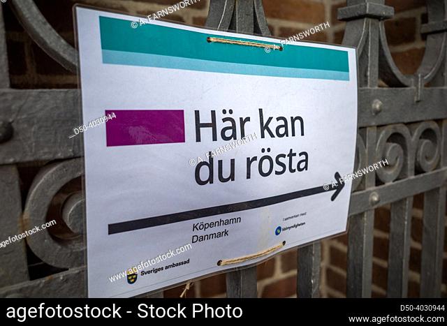 Copenhagen, Denmark, A sign at the Swedish Church telling Swedes abroad how to vote in the national elections