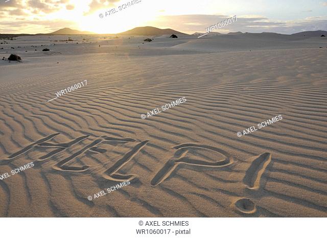 Help written in the sand, dune, evening, Corralejo National Park, Fuerteventura, Canary Islands, Spain, Europe