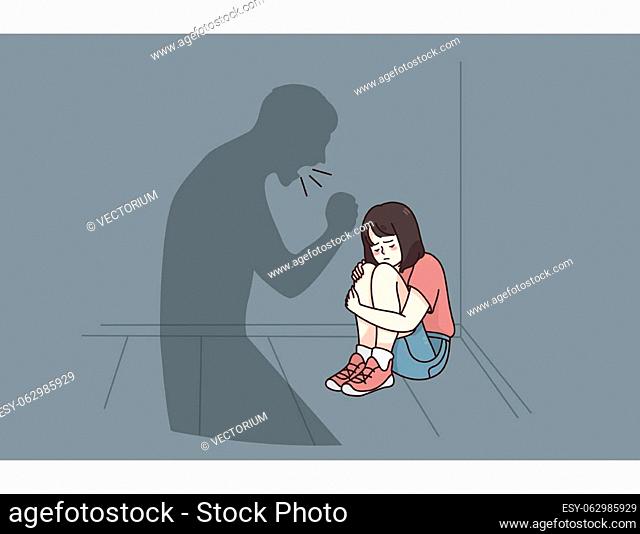 Child abuse and fear concept. Small stressed girl cartoon character sitting on floor listening to her Father shadow yelling at her feeling upset and depressed...