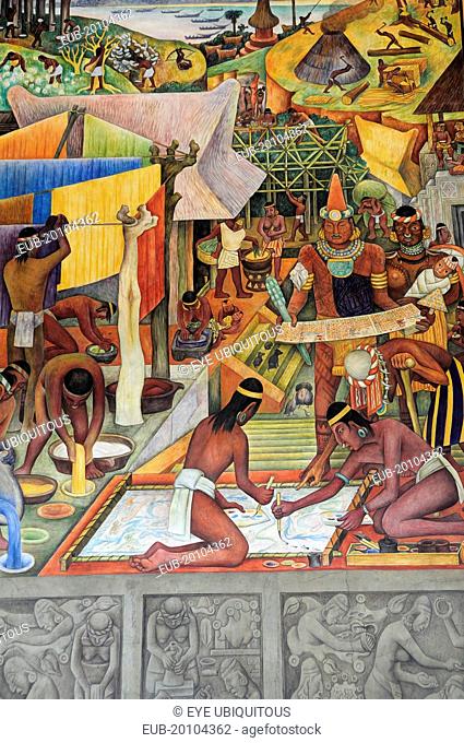 Detail of Mexico a Traves de los Siglos mural by Diego Rivera in the Palacio Nacional depicting life before the Conquest including paper making