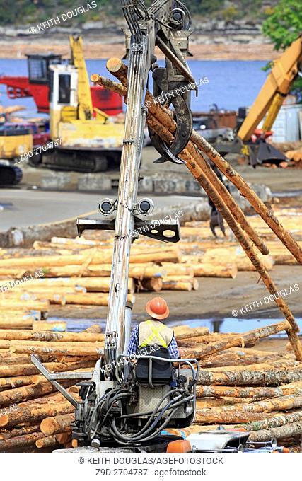 Self loading logging truck operator loading logs at sawmill, Ladysmith, Vancouver Island, British Columbia