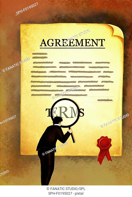 Illustration of businessman reading an agreement