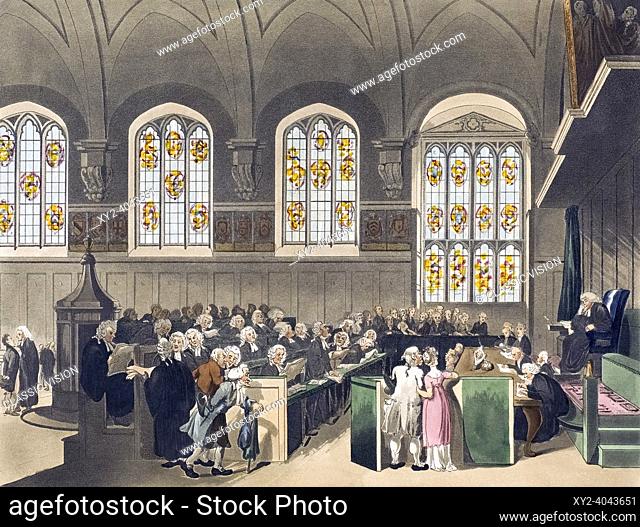 Court of Chancery, Lincoln's Inn Hall. Circa 1808. After a work by August Pugin and Thomas Rowlandson in the Microcosm of London