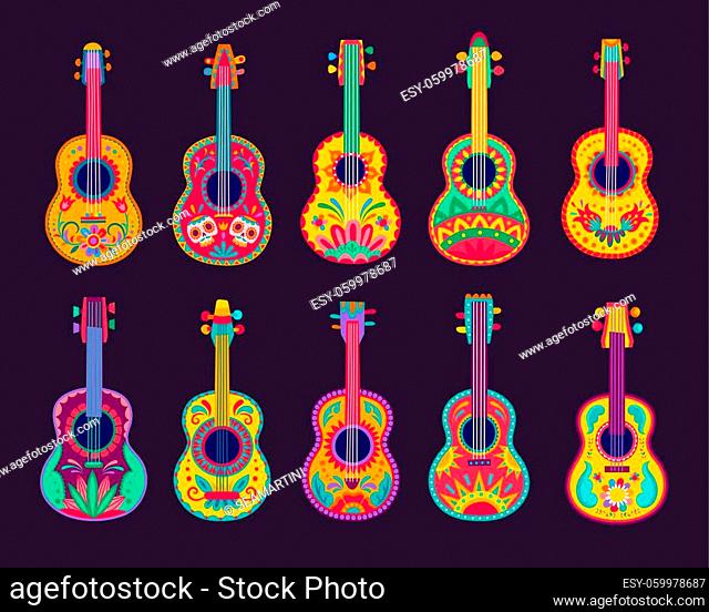 Cartoon Mexican guitars, vector latin music instruments of mariachi musicians with bright flower patterns, Calavera skulls and Mexico ethnic ornaments