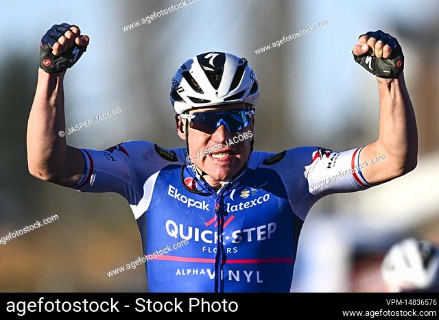 Dutch Fabio Jakobsen of Quick-Step Alpha Vinyl celebrates as he crosses the finish line to win the Kuurne-Brussels-Kuurne one day cycling race, 195