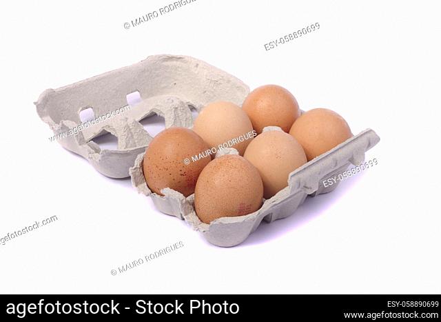 Close up view of a six pack egg card-box isolated on a white background