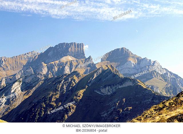 Alvier and Gamsberg mountains as a panorama seen from Gamser Rugg Mountain, Toggenburg, Canton of St. Gallen, Switzerland, Europe, PublicGround
