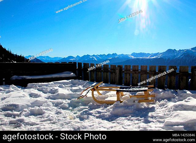 Winter hike to the Wang Alm in the Gaistal, tobogganing in the Austrian Wetterstein Mountains, Austria, Tyrol, vacation, winter, dream weather