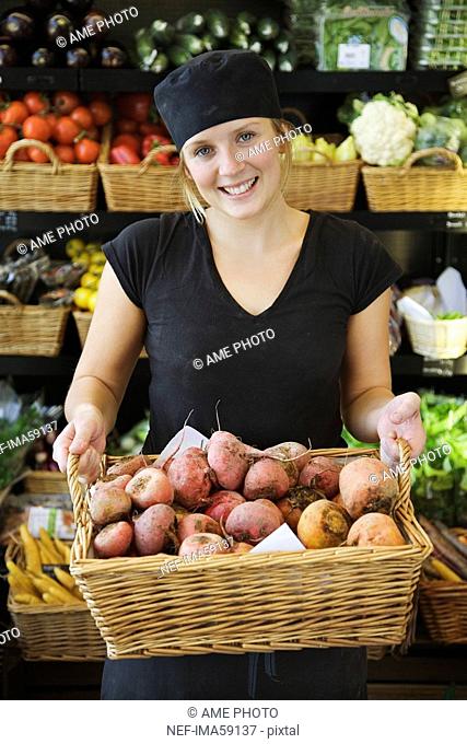 Portrait of a female greengrocer Sweden