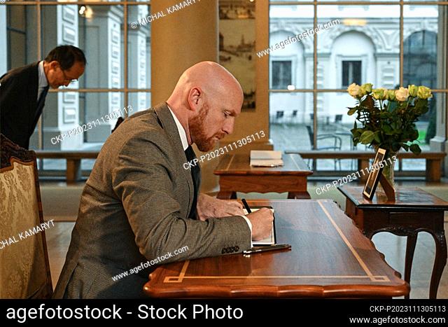 British Ambassador to the Czech Republic Matt Field signs a book of condolences on the death of former Foreign Minister Karel Schwarzenberg at the Foreign...