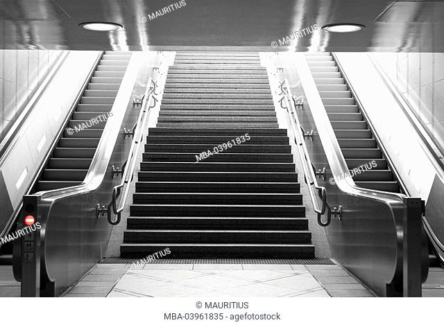 Subway station, escalators, stairs, nobody