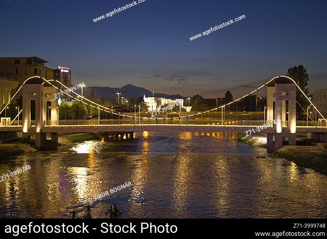 North Macedonia, Skopje, footbridge, Vardar River, night,