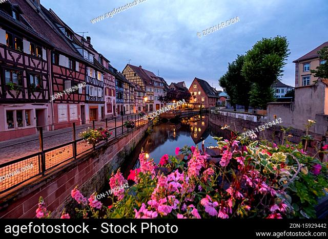 Colmar, Alsace, France. Petite Venice, water canal and traditional half timbered houses. Colmar is a charming town in Alsace, France