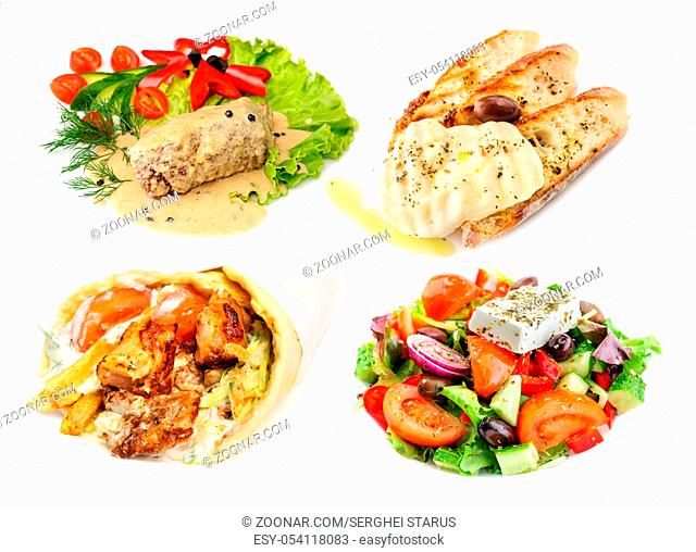 Gyros Pita, greek salad and other mediterranean fast street food, isolated on white