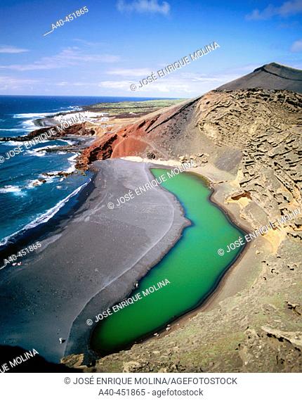 'El Golfo' green Lagoon. Volcanic beaches. Parque Nacional de Timanfaya. Lanzarote. Canary Islands. Spain