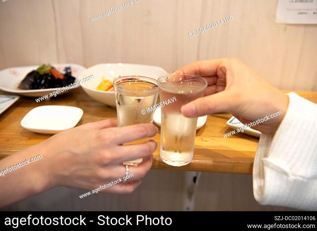 Women drinking Japanese sake in standing bar