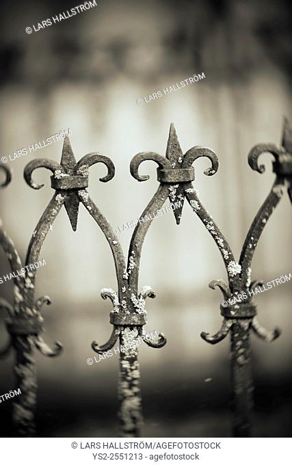 Close up of metal fence at cemetery, Sweden